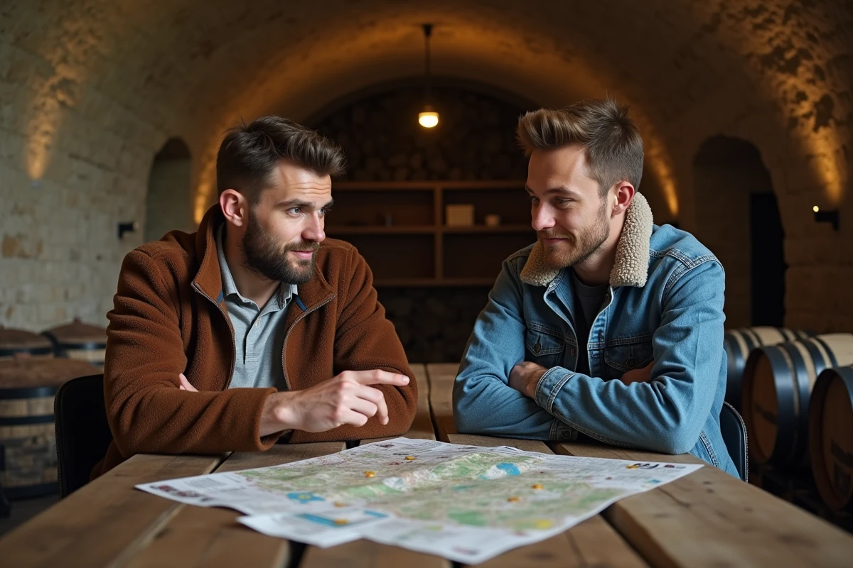 Deux amis comparant des brochures de manoirs hantés attablés dans une cave en pierre voûtée