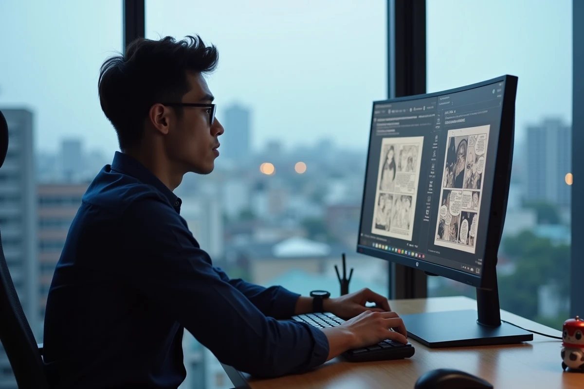 Homme comparant un site de scans non officiel et une plateforme légale de lecture manga sur un ordinateur de bureau