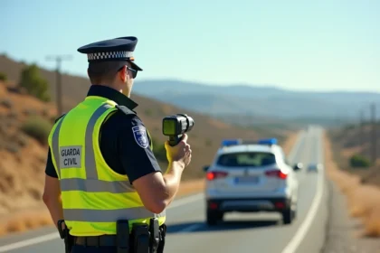 Policier de la Guardia Civil espagnole tenant un radar de contrôle de vitesse sur une autoroute espagnole