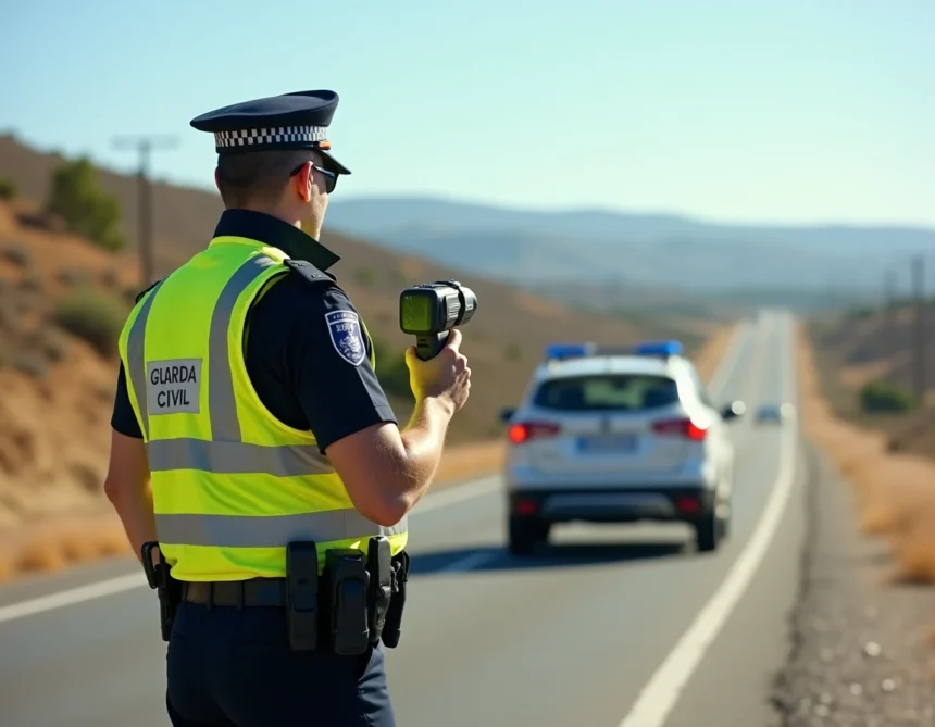 Policier de la Guardia Civil espagnole tenant un radar de contrôle de vitesse sur une autoroute espagnole
