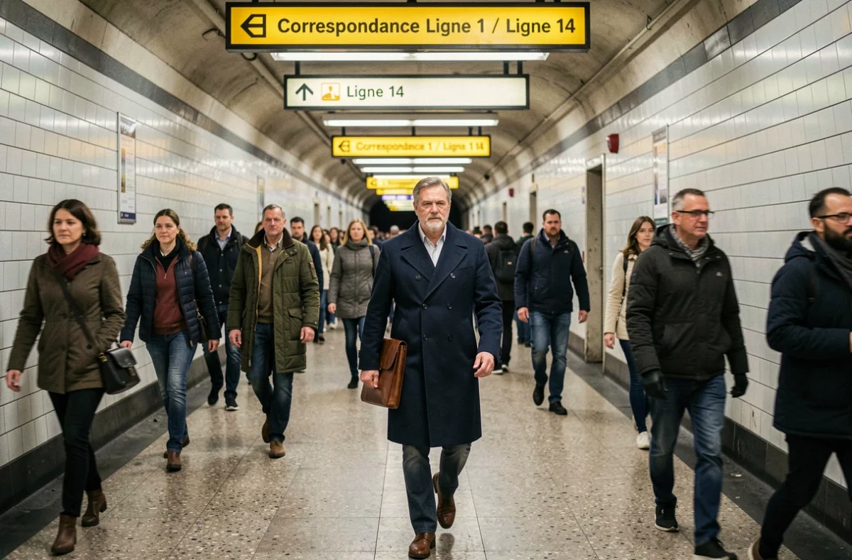 Voyageur traversant un couloir de correspondance du métro parisien avec panneaux de direction vers les lignes 1 et 14