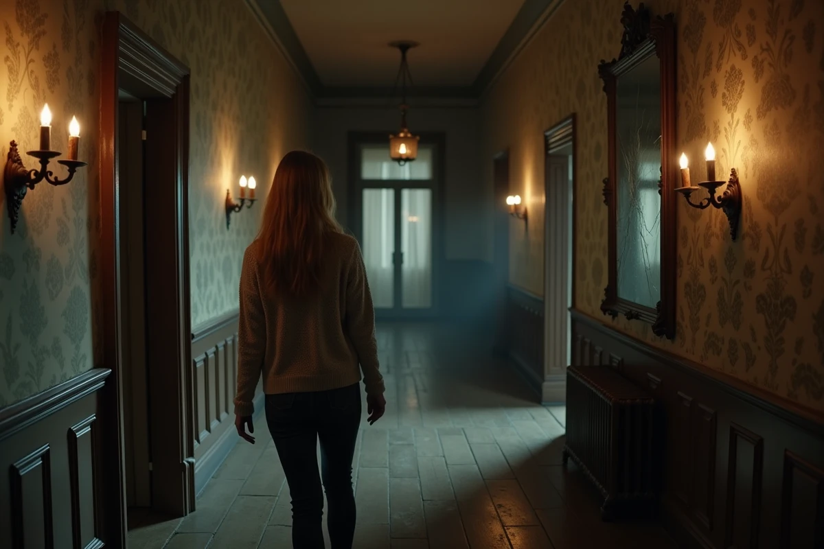 Couloir intérieur d'un manoir hanté avec une femme surprise devant un miroir ancien et des toiles d'araignées