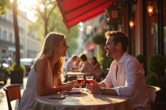 Couple souriant au café parisien en plein air