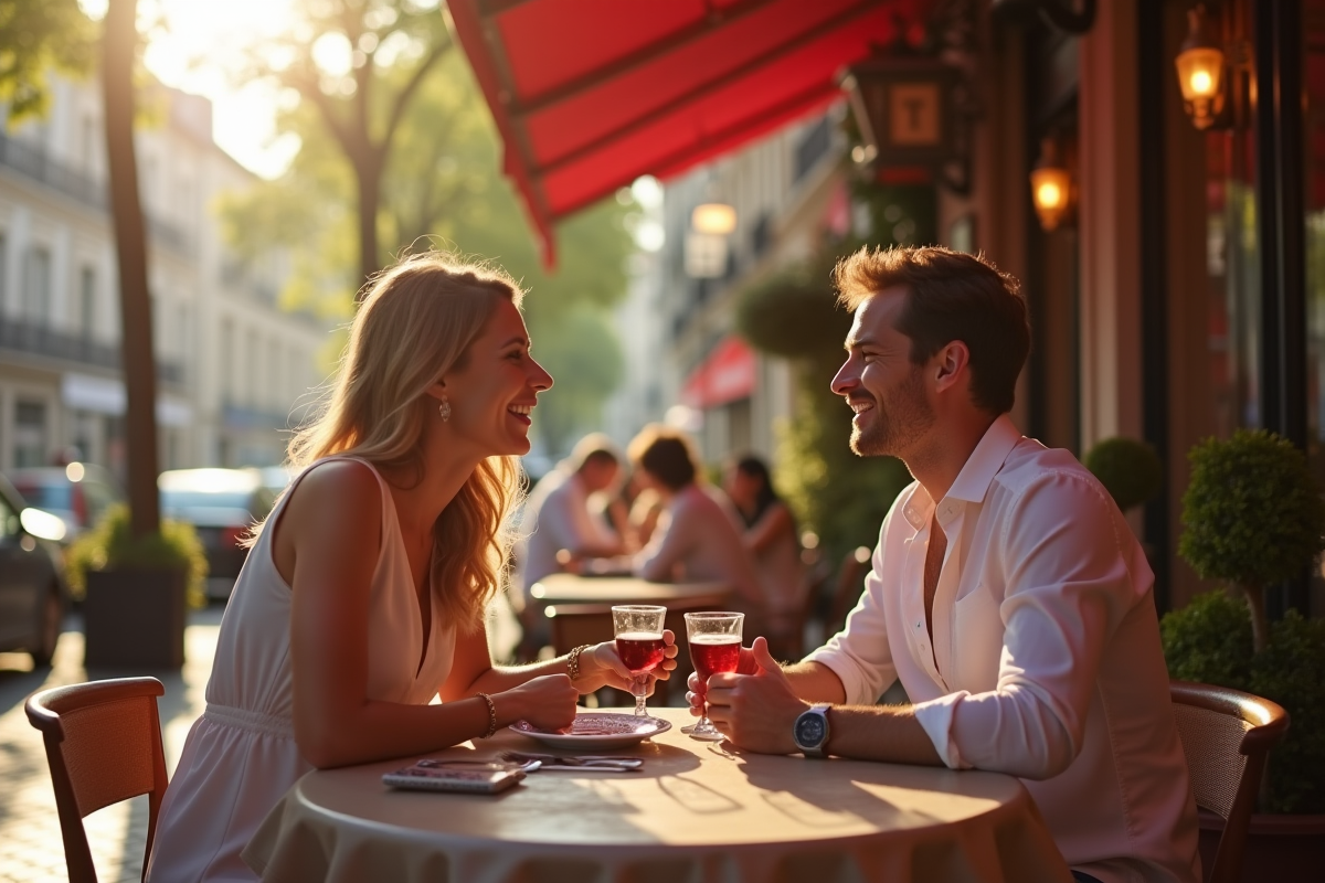 Couple souriant au café parisien en plein air