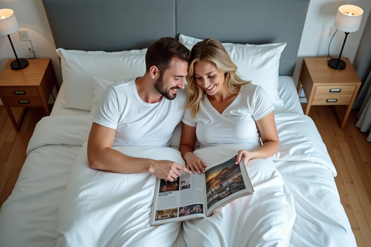 Couple choisissant leurs émissions télévision dans le programme Télé Z allongés sur leur lit