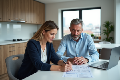 Couple concentré sur documents et ordinateur dans cuisine moderne