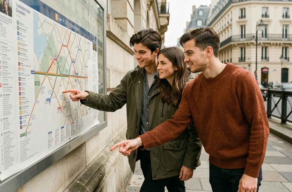 Couple étudiant le plan du métro ligne 14 devant un panneau d'information à Paris