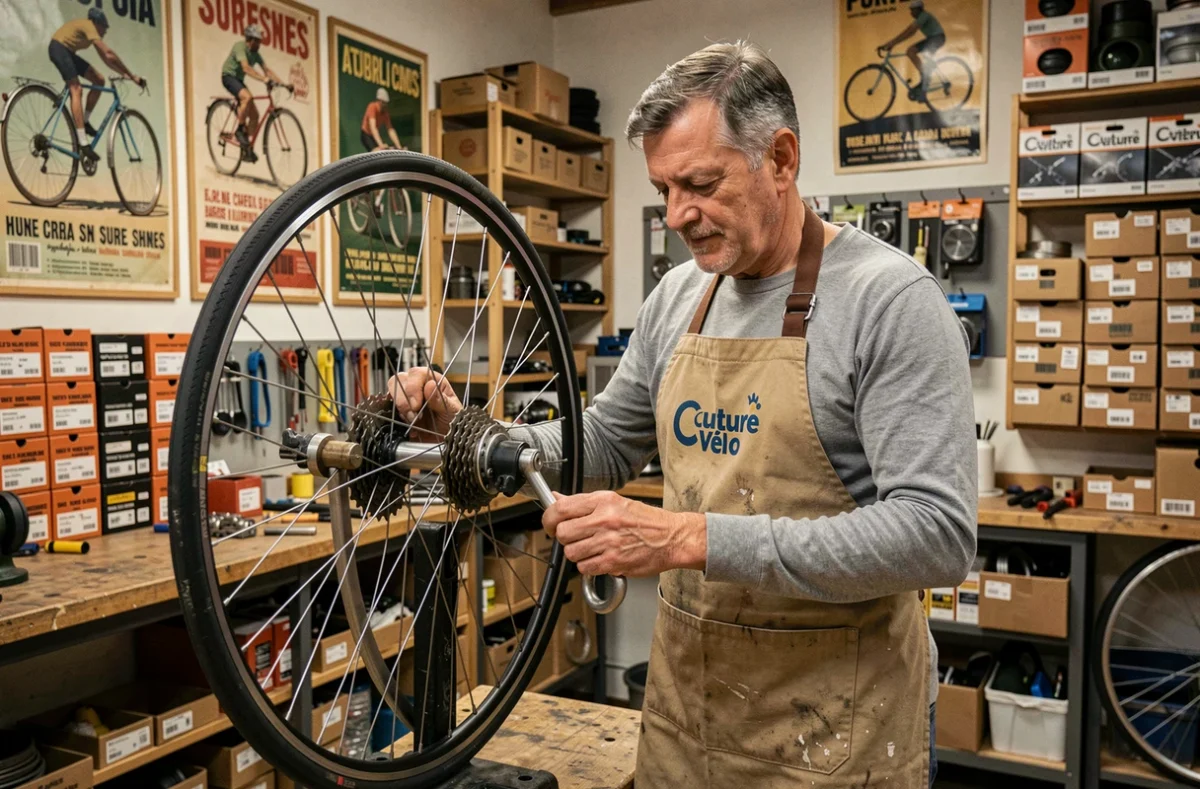 Technicien de Culture Vélo à Suresnes travaillant sur le voilage d'une roue de vélo dans l'atelier