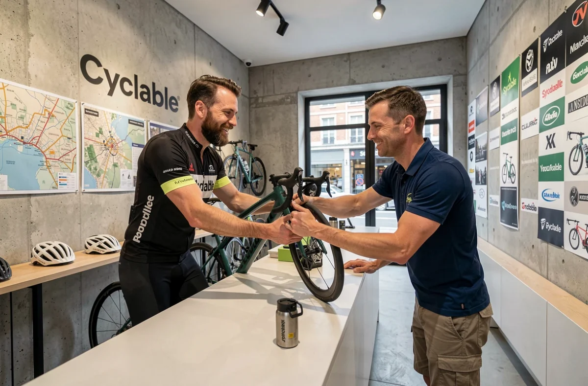 Client déposant son vélo de route au comptoir de Cyclable à Boulogne-Billancourt pour une réparation