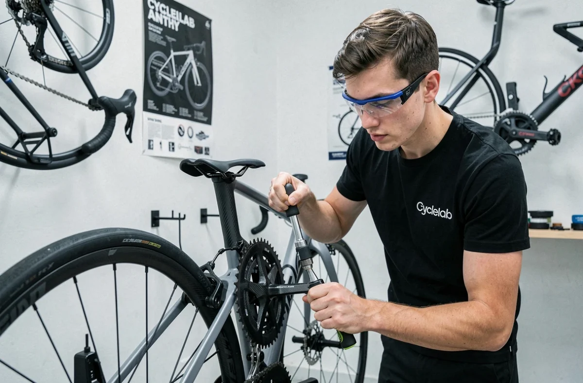 Technicien Cyclelab à Antony installant un pédalier carbone sur un vélo de route haut de gamme
