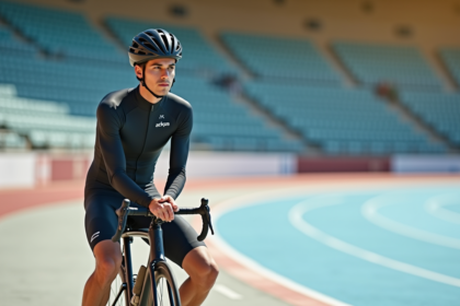 Jeune cycliste professionnel reposant à côté d'un vélo moderne sur piste