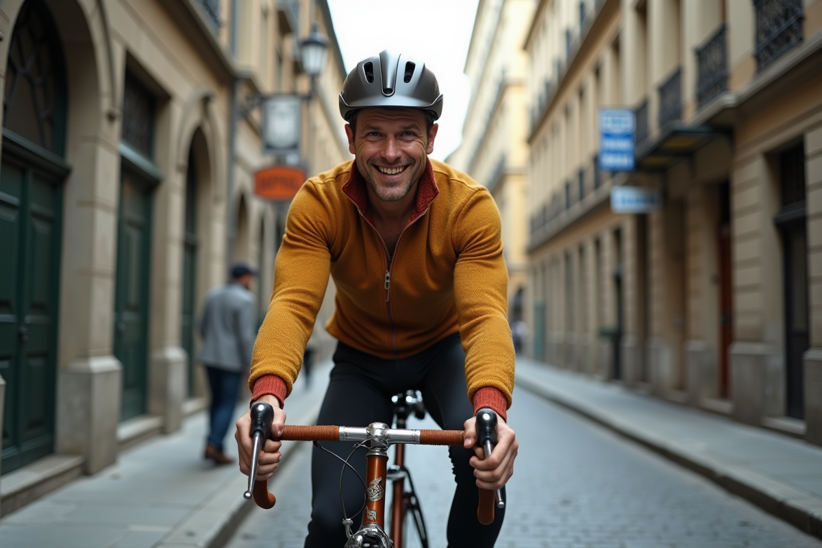 Cycliste des années 70 avec vélo rétro sur rue pavée