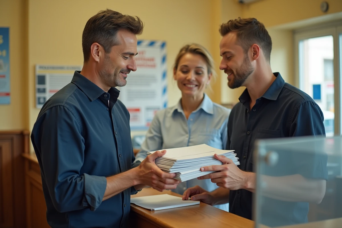 Homme déposant des enveloppes administratives au guichet d'un bureau de poste face à un agent postal