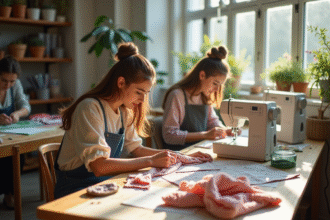 Groupe de créateurs de mode dans un studio écologique lumineux