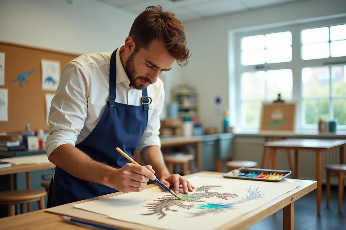 Artiste masculin appliquant de l'aquarelle sur un dessin de dinosaure dans une salle de classe d'art