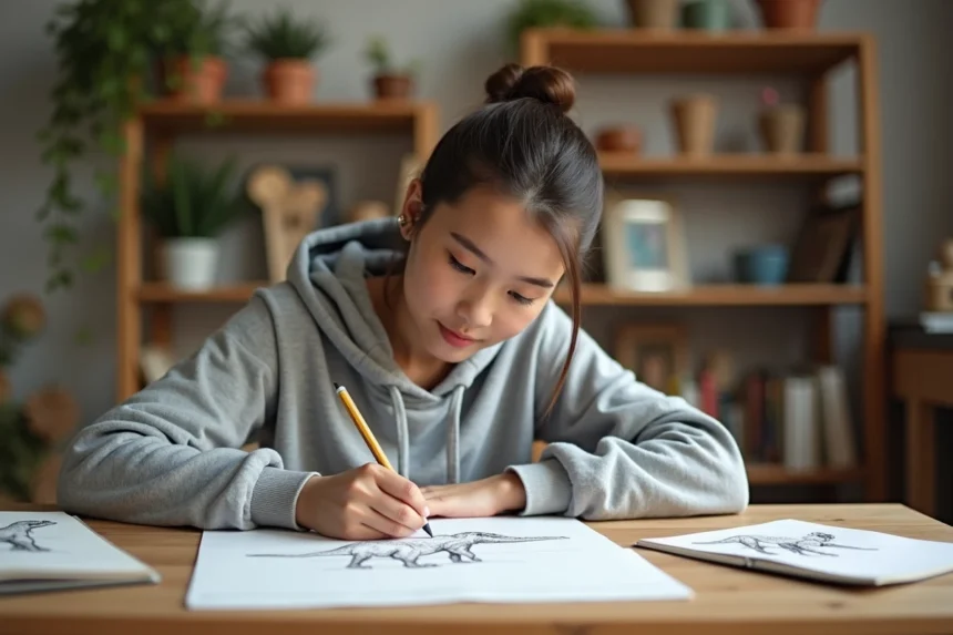 Jeune femme dessinant un dinosaure au crayon graphite sur une feuille blanche dans un atelier d'art cosy
