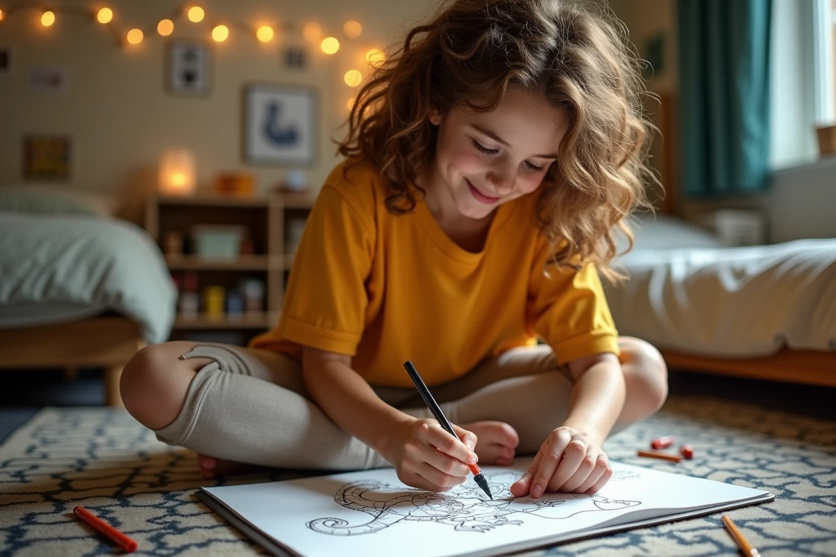 Adolescente dessinant un dinosaure style cartoon avec des feutres fins noirs dans sa chambre
