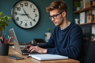 Jeune developpeur homme travaillant sur son ordinateur dans un bureau moderne