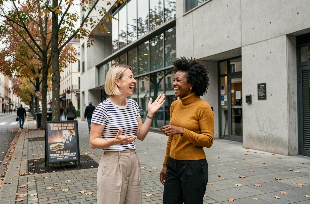 Deux humoristes françaises riant ensemble devant une salle de spectacle contemporaine en automne
