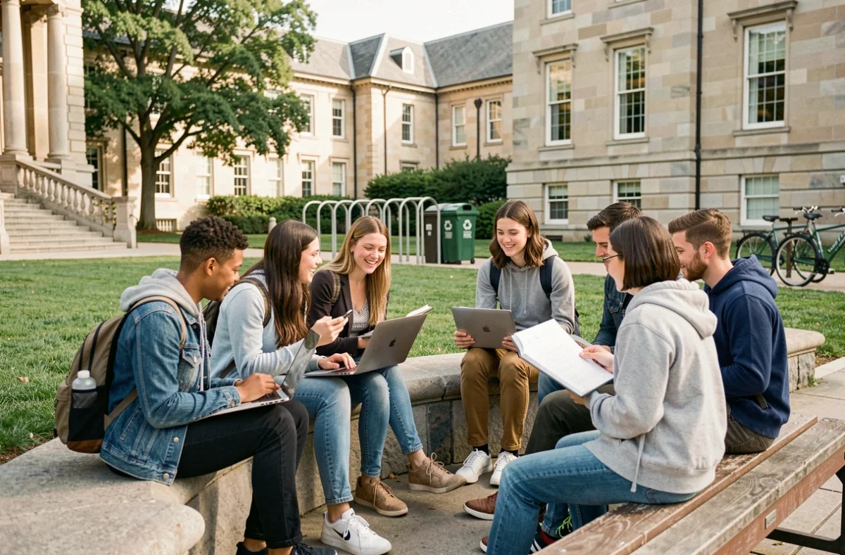 Étudiants universitaires discutant sur un campus moderne représentant le niveau d'éducation élevé d'un pays développé