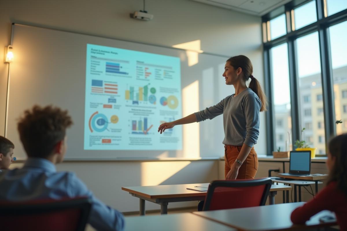 Etudiant confiant présentant un projet technologique en classe