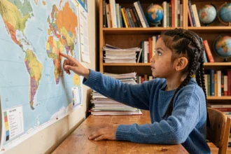 Fillette pointant la Russie sur une carte du monde dans une salle de classe, illustrant une leçon de géographie pour enfants