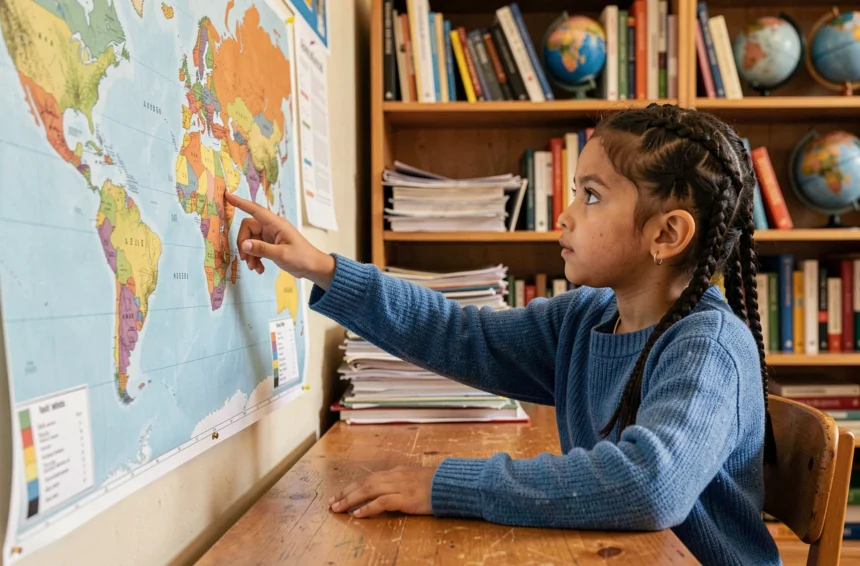 Fillette pointant la Russie sur une carte du monde dans une salle de classe, illustrant une leçon de géographie pour enfants