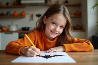 Fille de huit ans dessinant un chauve-souris pour Halloween