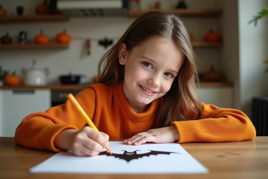 Fille de huit ans dessinant un chauve-souris pour Halloween