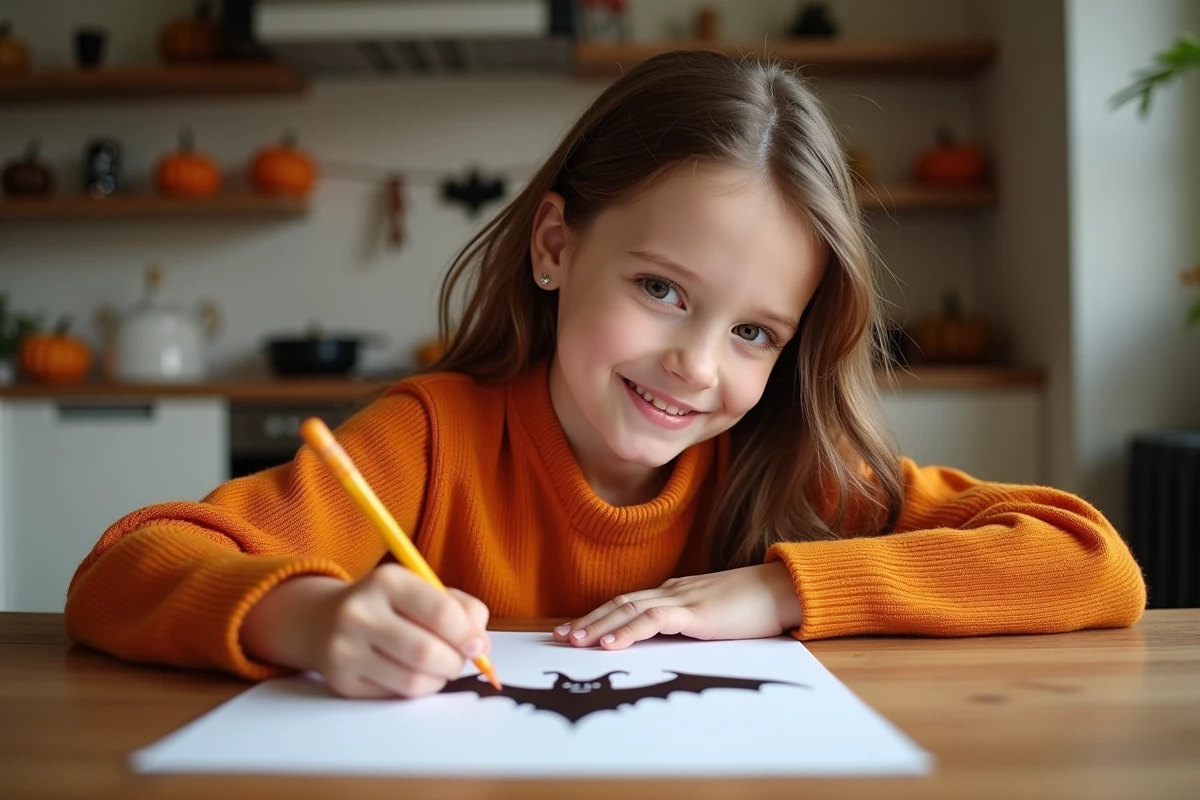 Fille de huit ans dessinant un chauve-souris pour Halloween