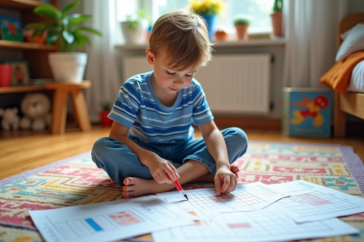 Enfant assis par terre dessinant des grilles pixel art sur des feuilles PDF imprimées dans sa chambre colorée
