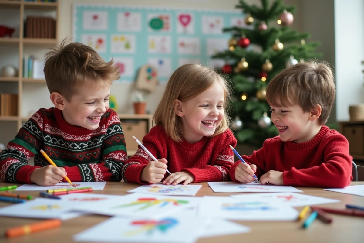 Enfants partageant leurs dessins de Noël en classe