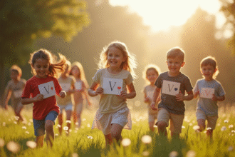 Groupe d'enfants jouant dehors au matin avec noms commençant par V