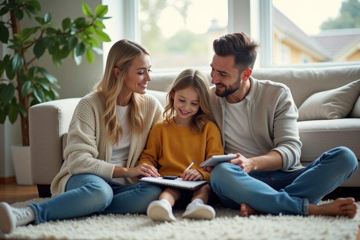 Enfant et parents travaillant ensemble à la maison