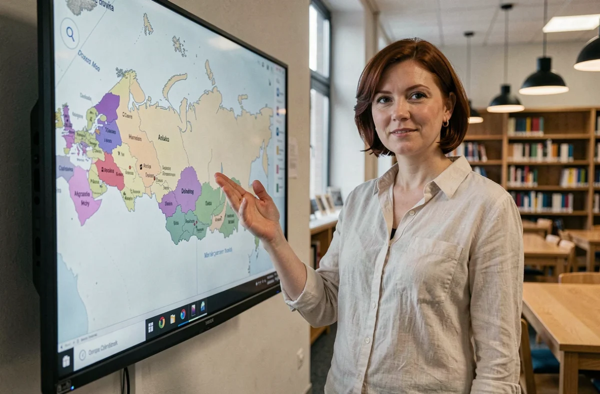 Enseignante expliquant la carte de la Russie sur un écran interactif dans une bibliothèque scolaire moderne