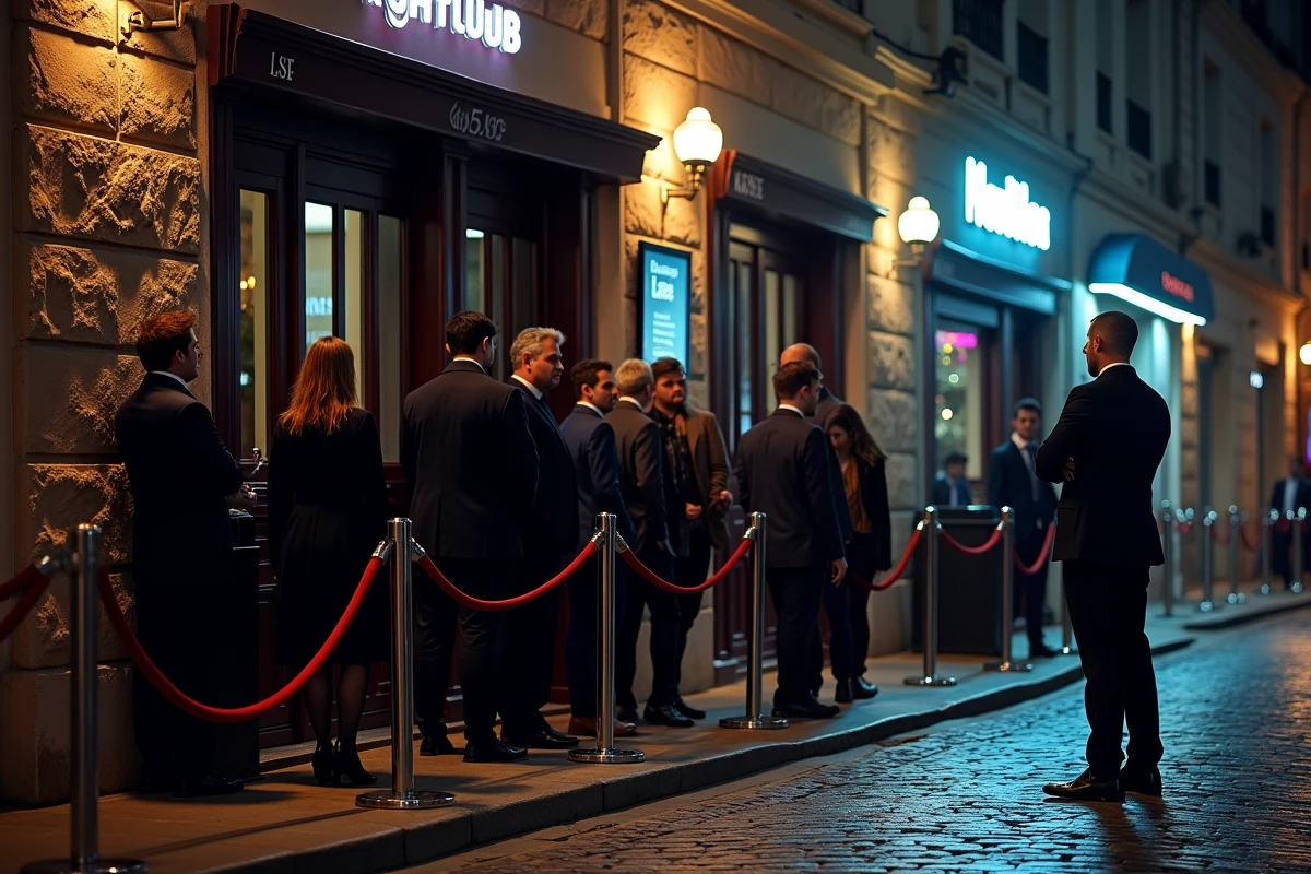 File d'attente devant l'entrée d'une boîte de nuit branchée à Marseille la nuit
