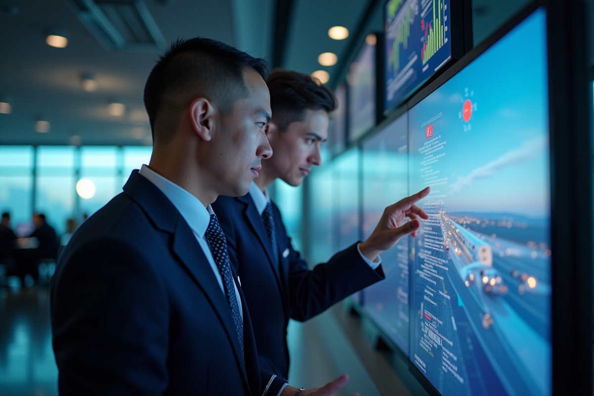 Équipage Air France collaborant autour d'un écran tactile dans un centre opérationnel moderne