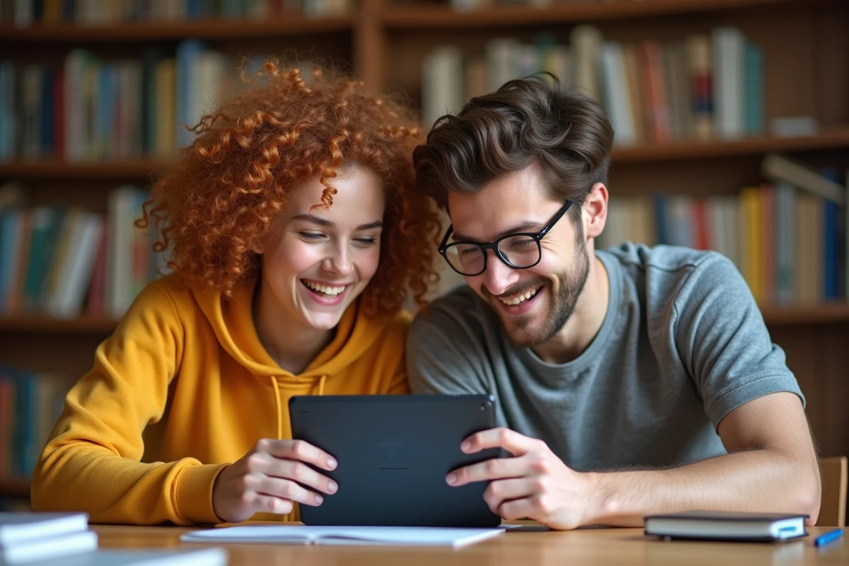Deux étudiants jouant ensemble à un jeu de mots sur tablette pour enrichir leur vocabulaire en bibliothèque