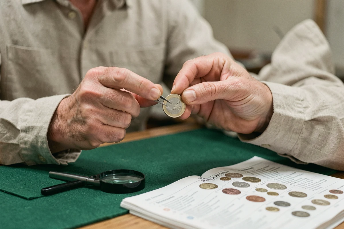 Numismate examinant une pièce de 2 euros rare avec des pinces sur un bureau couvert de feutrine verte