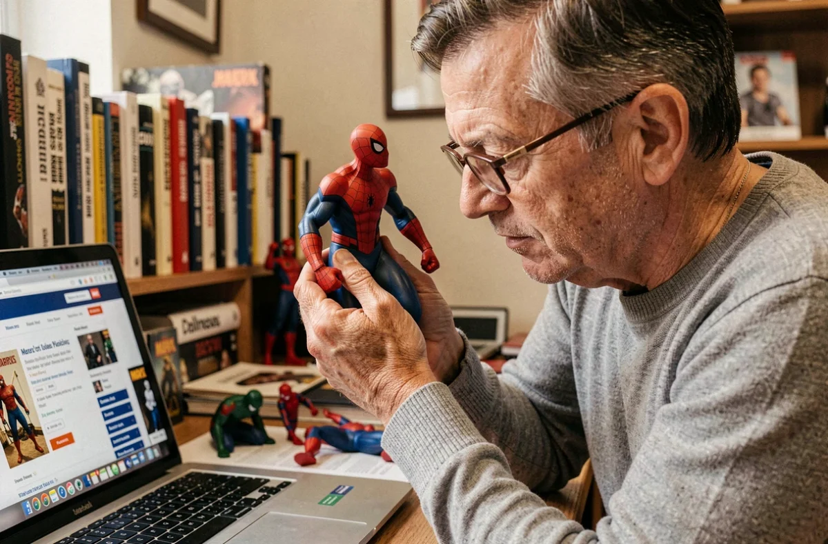 Collectionneur adulte expertisant une figurine Spider-Man vintage avec loupe et livres de référence pour estimer sa valeur sur le marché