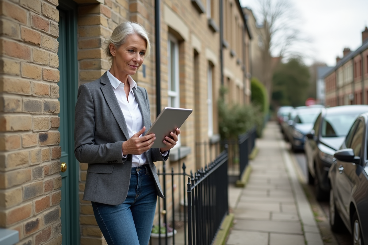 Experte immobiliere devant une maison en pierre