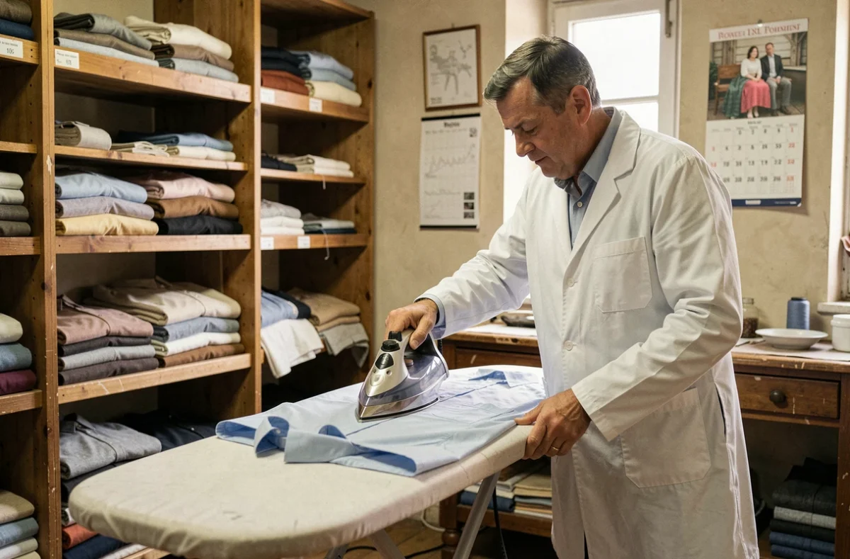 Artisan du pressing Express Pressing à Lyon repassant une chemise à la vapeur dans un atelier traditionnel au charme authentique