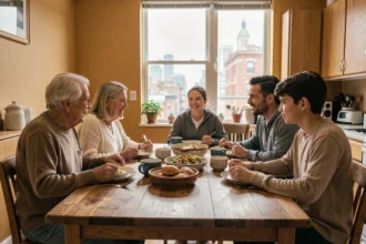 Famille multigénérationnelle réunie autour d'une table représentant la diversité démographique mondiale et les tendances de fécondité