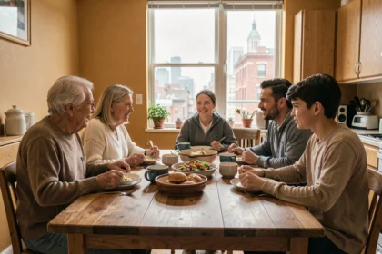 Famille multigénérationnelle réunie autour d'une table représentant la diversité démographique mondiale et les tendances de fécondité