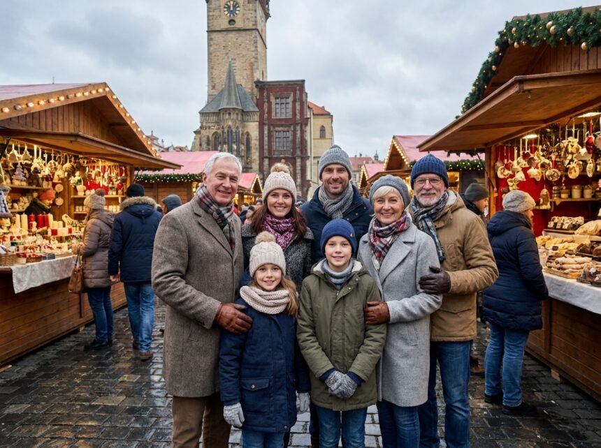 Famille profitant des décorations de Noël à Prague