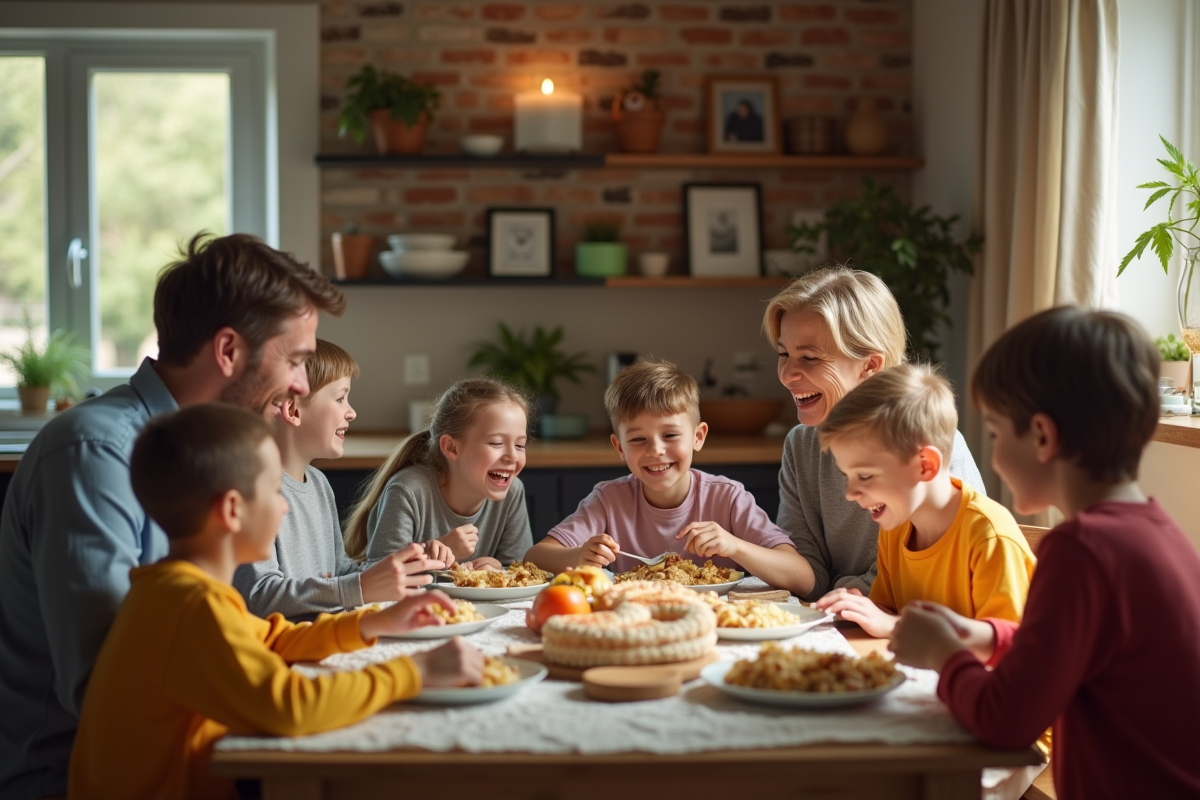 Famille recomposée partageant un repas convivial à la maison