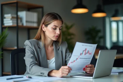 Femme d'affaires lisant un rapport financier en bureau
