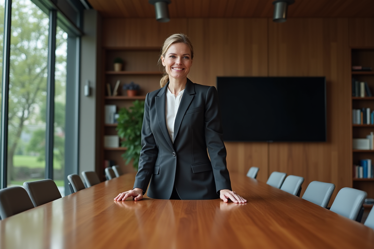 Femme d affaires réfléchissant près d une grande table en bois