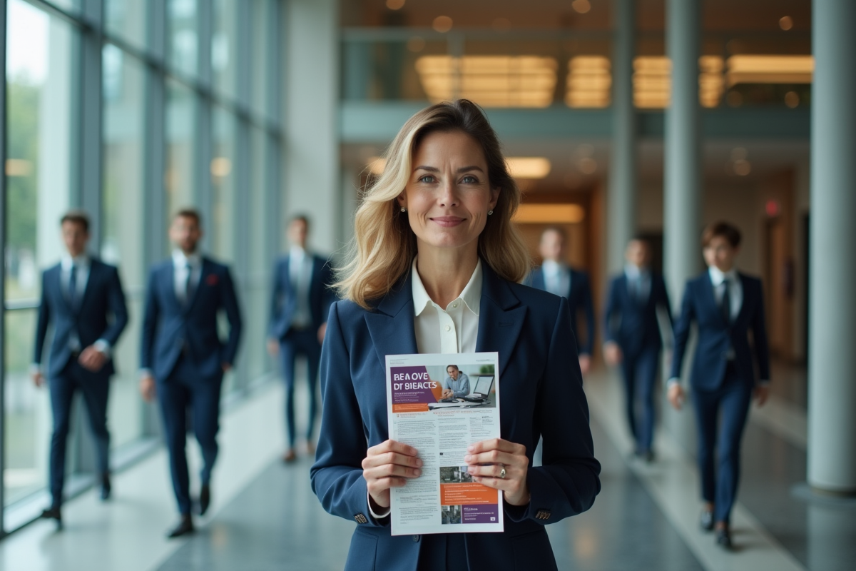 Femme d affaires tenant une affiche dans un bureau moderne