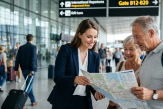 Femme aidant des voyageurs à l'aéroport durant leur voyage